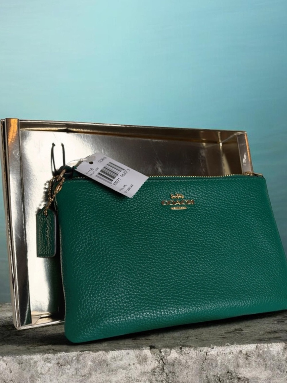 Coach Teal Pebbled Leather Wristlet with Gold Hardware